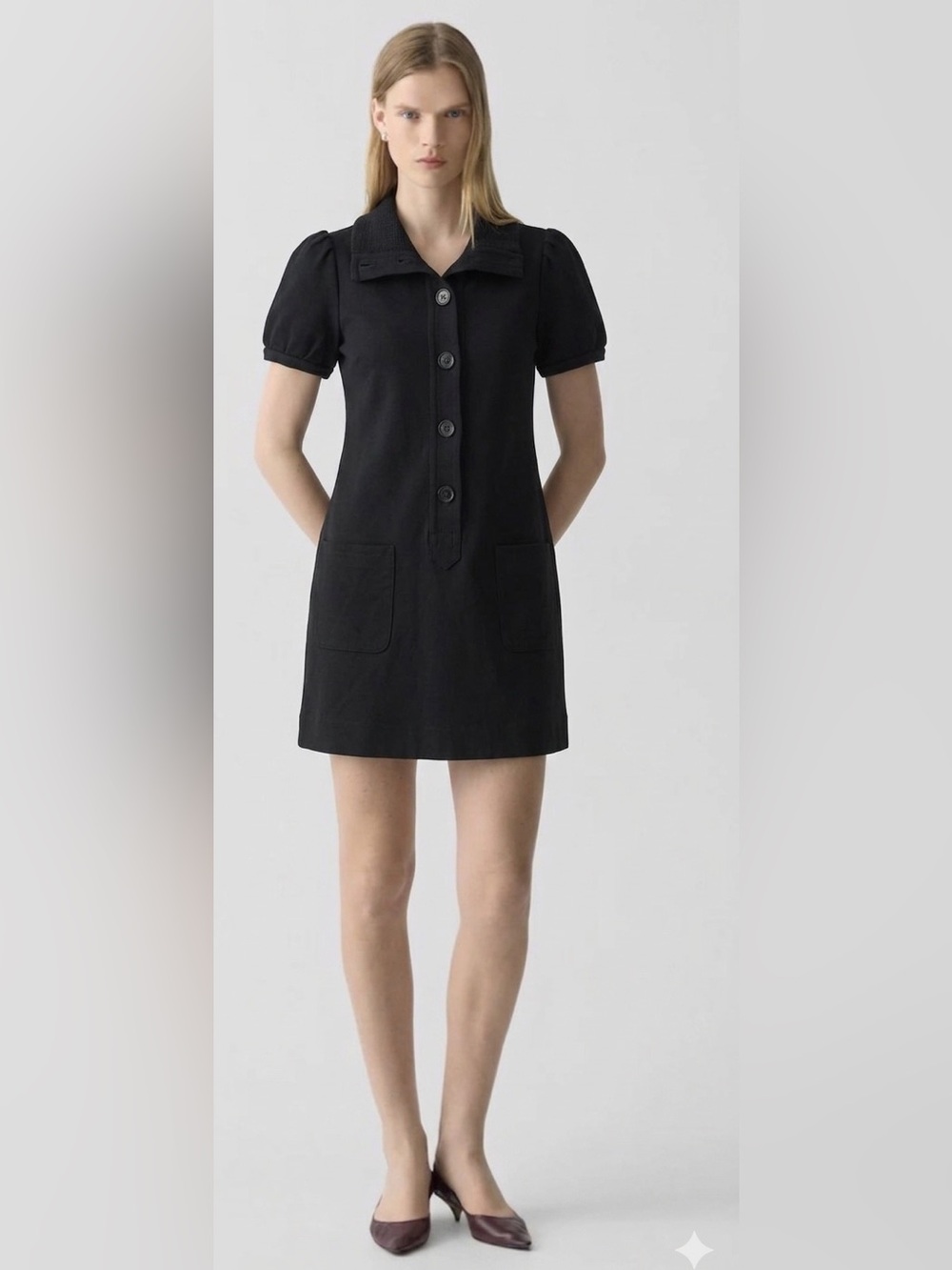 Theory Black Puff-Sleeve Button Mini Dress